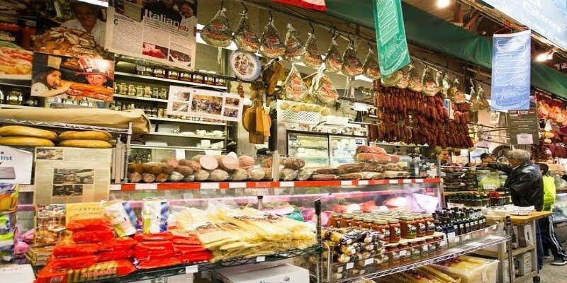 Deli counter with a selection of meat in Little Italy.